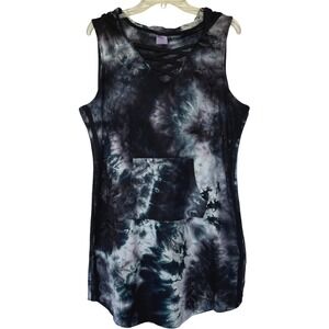 Sporty Dark Coastal Hooded Tie Dye Sleeveless Dress Plus Size XXL Comfy Casual